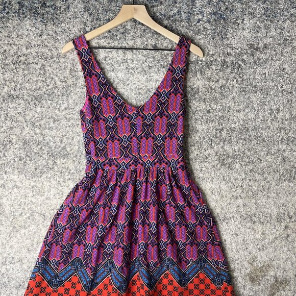 Maeve Dress Womens 6 Purple Red Geometric Fit & Flare Border Print Exposed Zip - Picture 5 of 8